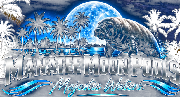 Manatee Moon Pools — Majestic Waters. Moonlit manatee, palms and water logo